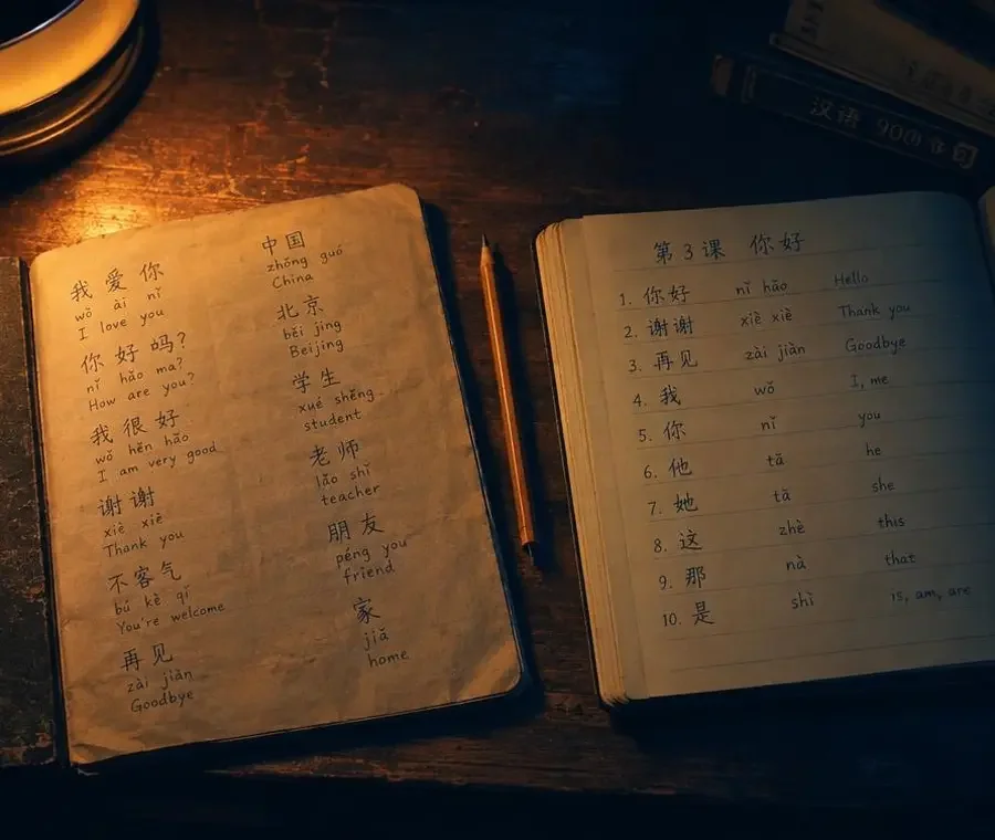 母女两本并排摊开的笔记本，一本写满拼音与生字，一本字迹工整