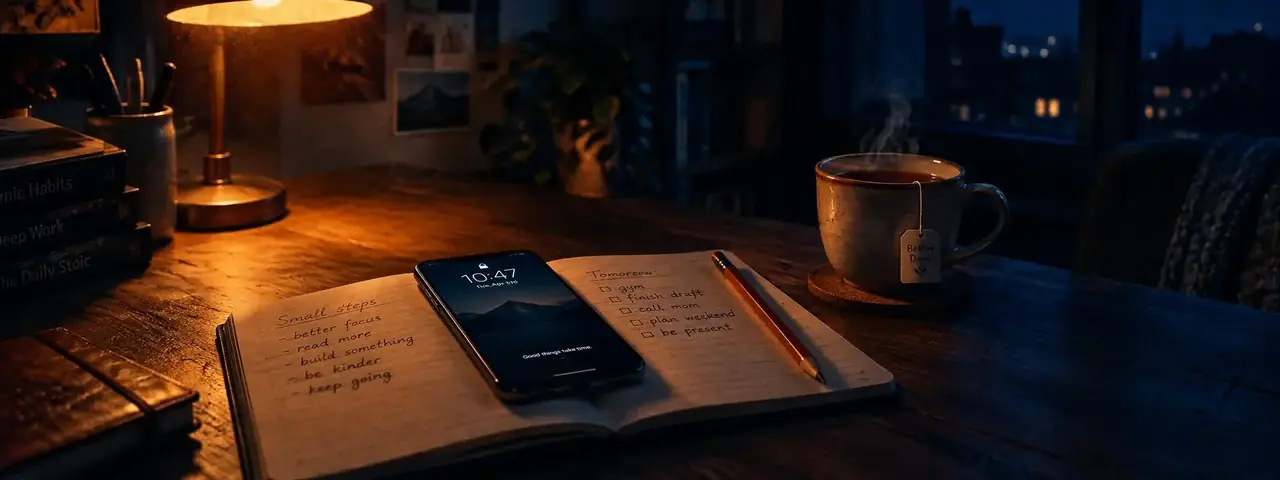 深夜书桌上放着手机与摊开的笔记本,暖黄台灯照亮四周