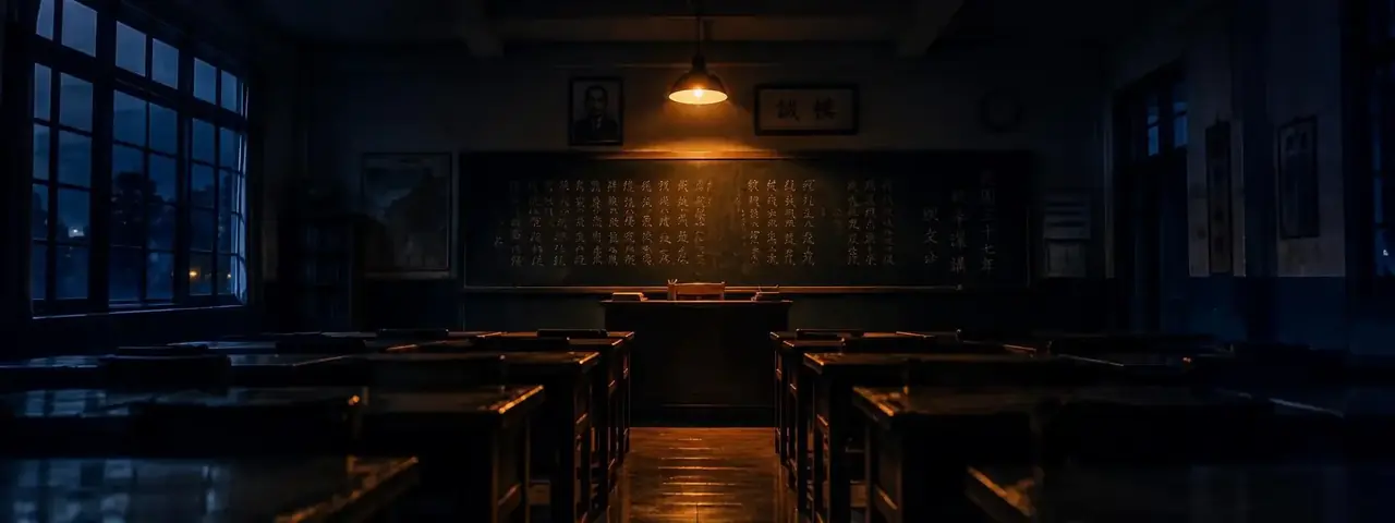 创作团队在夜校教室里架设摄影机，暖黄灯光照着课桌与黑板